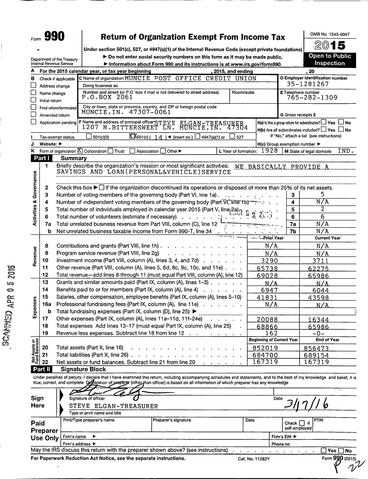 Image of first page of 2015 Form 990O for Muncie Post Office Credit Union