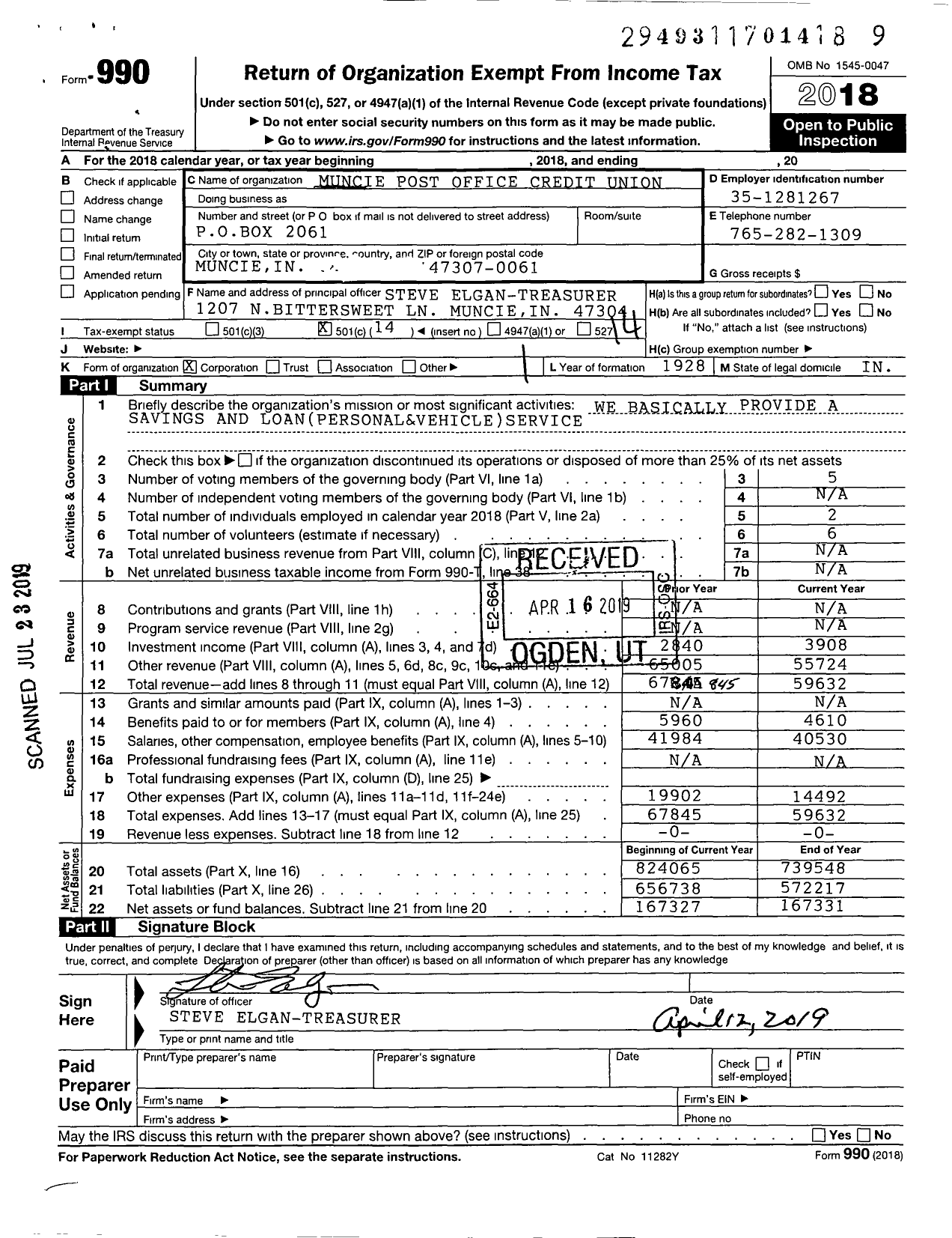 Image of first page of 2018 Form 990O for Muncie Post Office Credit Union