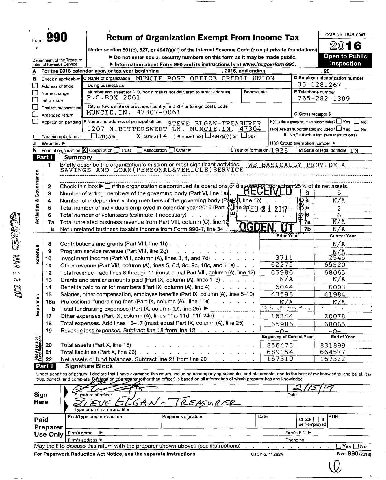 Image of first page of 2016 Form 990O for Muncie Post Office Credit Union
