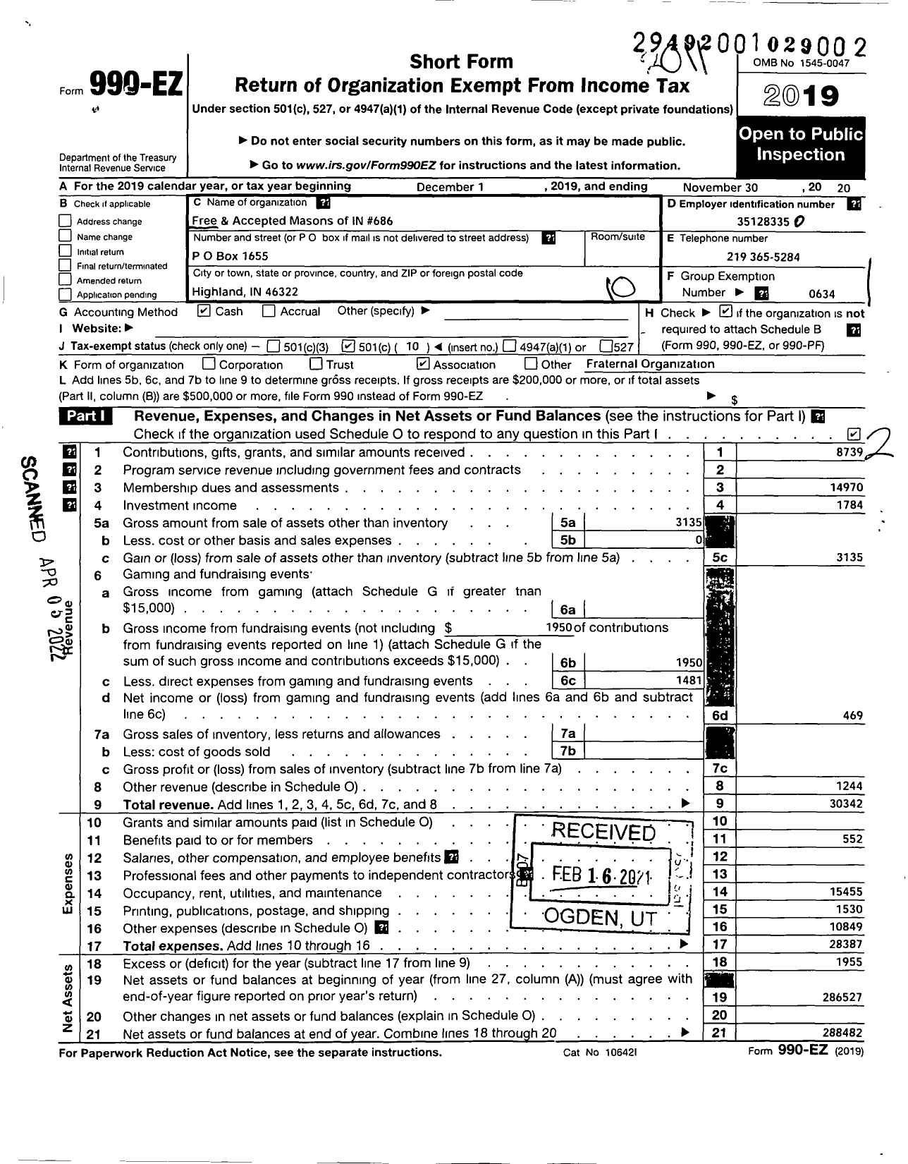 Image of first page of 2019 Form 990EO for Free & Accepted Masons of Indiana - 686 Indiana Harbor