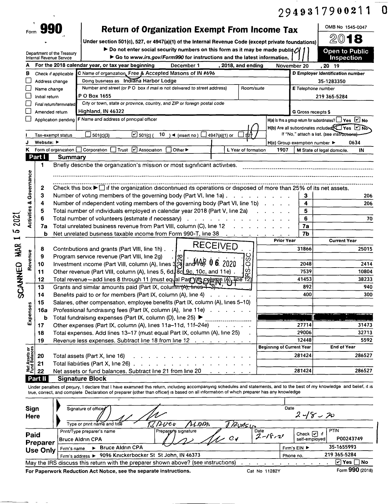 Image of first page of 2018 Form 990O for Free & Accepted Masons of Indiana - 686 Indiana Harbor