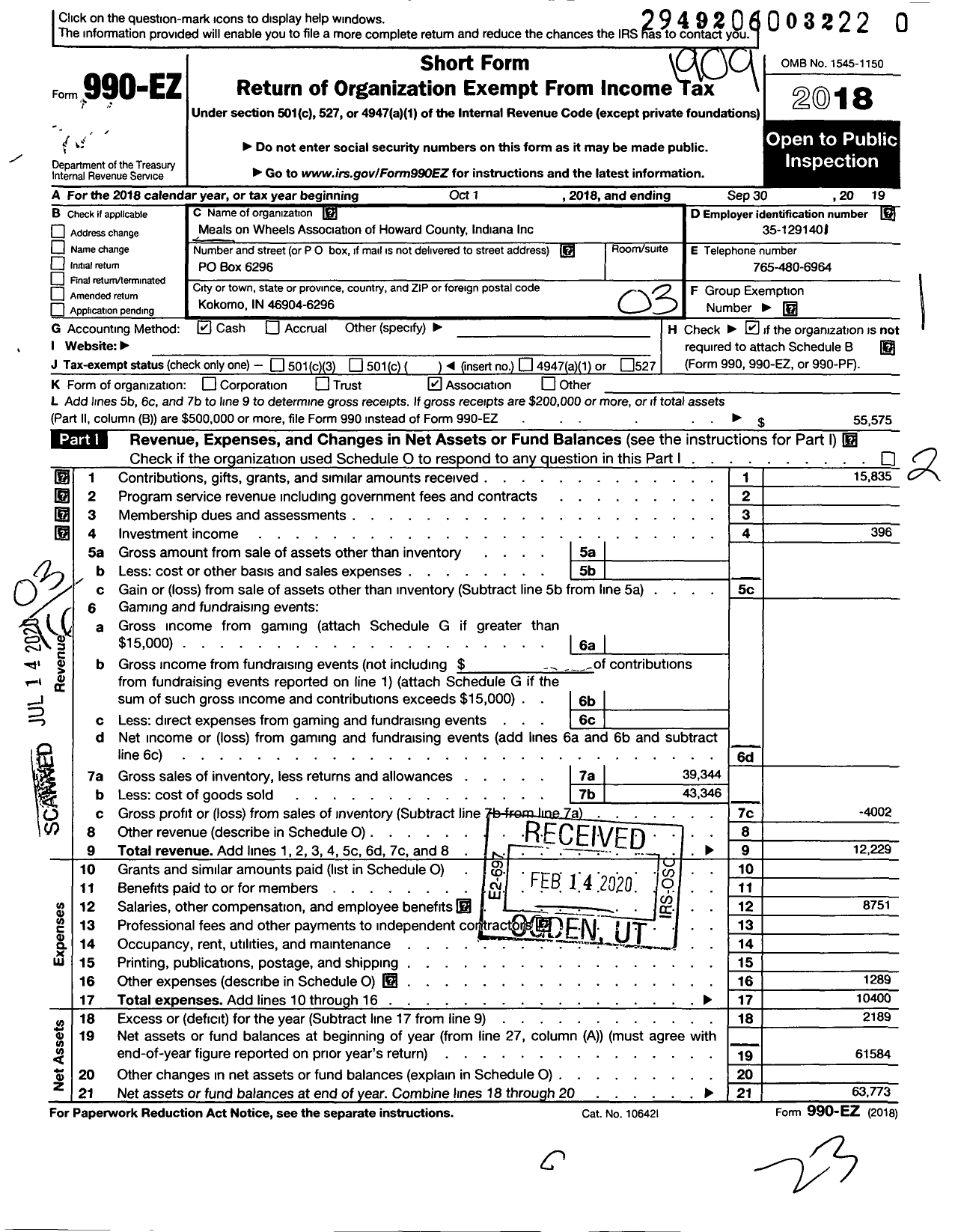 Image of first page of 2018 Form 990EZ for Meals on Wheels Association of Howard County Indiana