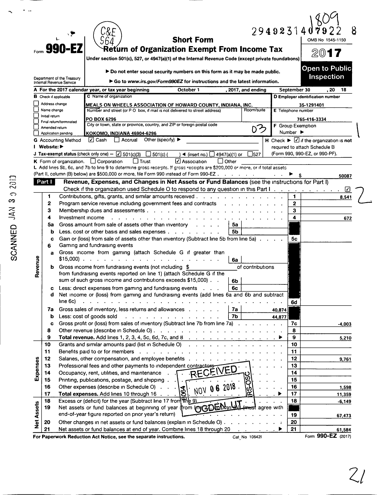 Image of first page of 2017 Form 990EZ for Meals on Wheels Association of Howard County Indiana