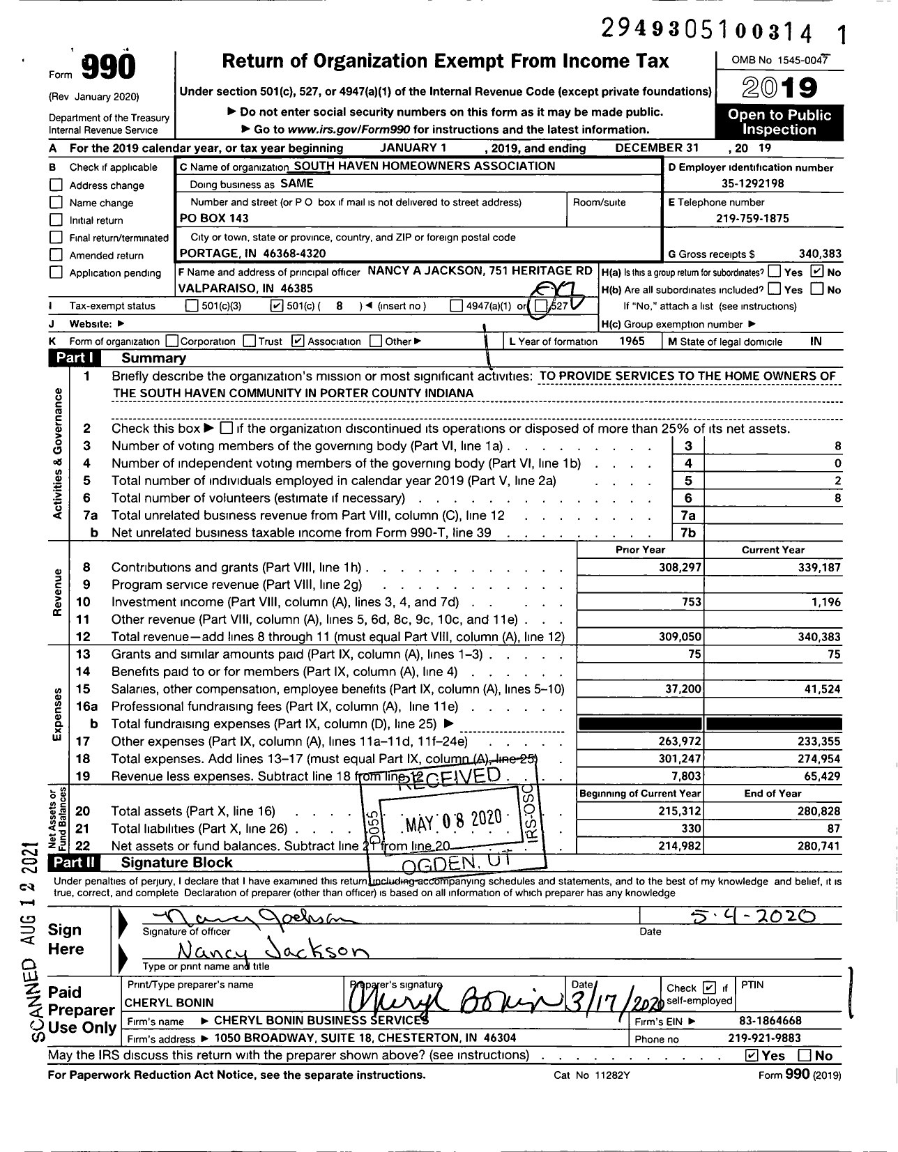 Image of first page of 2019 Form 990O for South Haven Homeowners Association