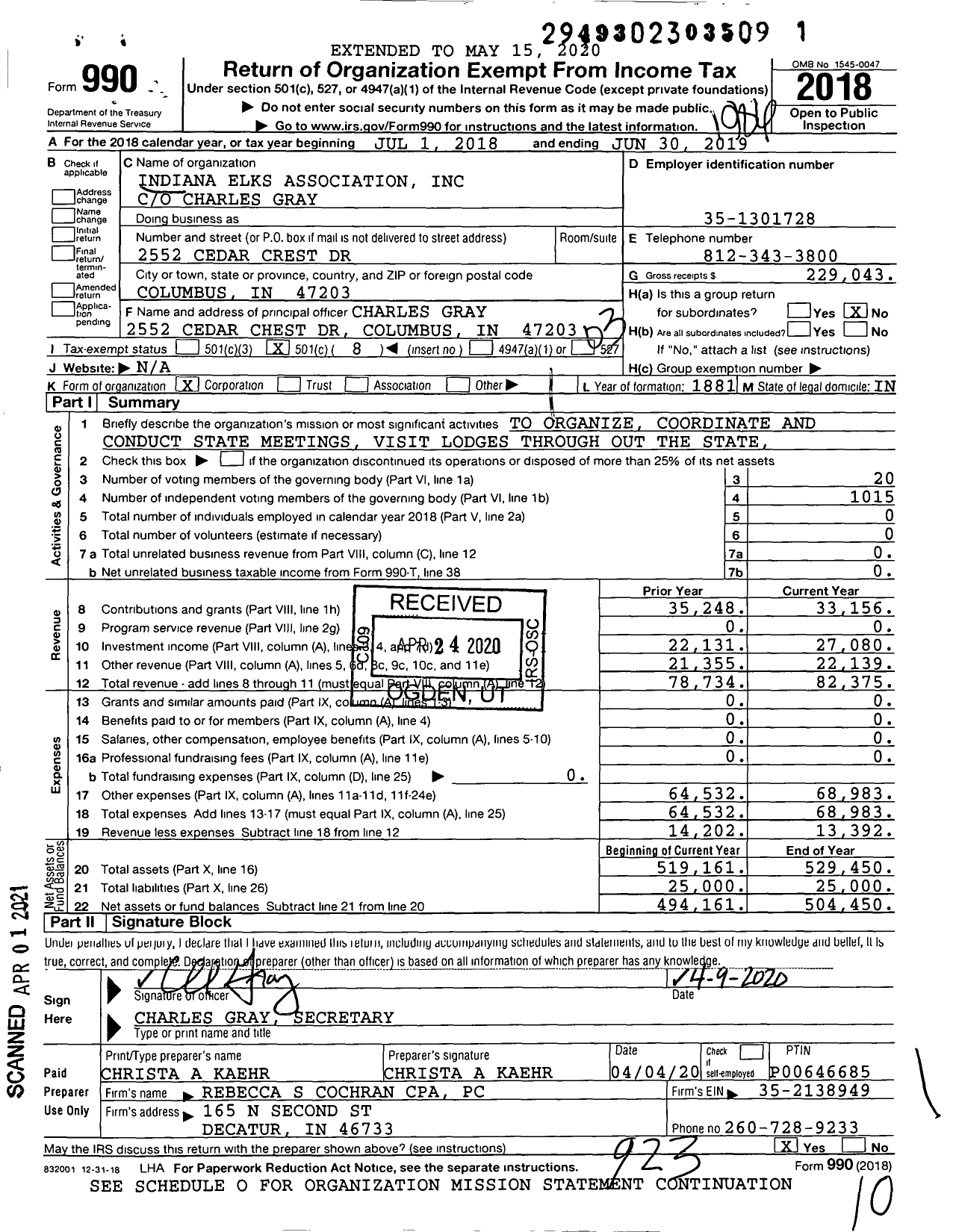 Image of first page of 2018 Form 990 for Benevolent and Protective Order of Elks - Indiana State Assn