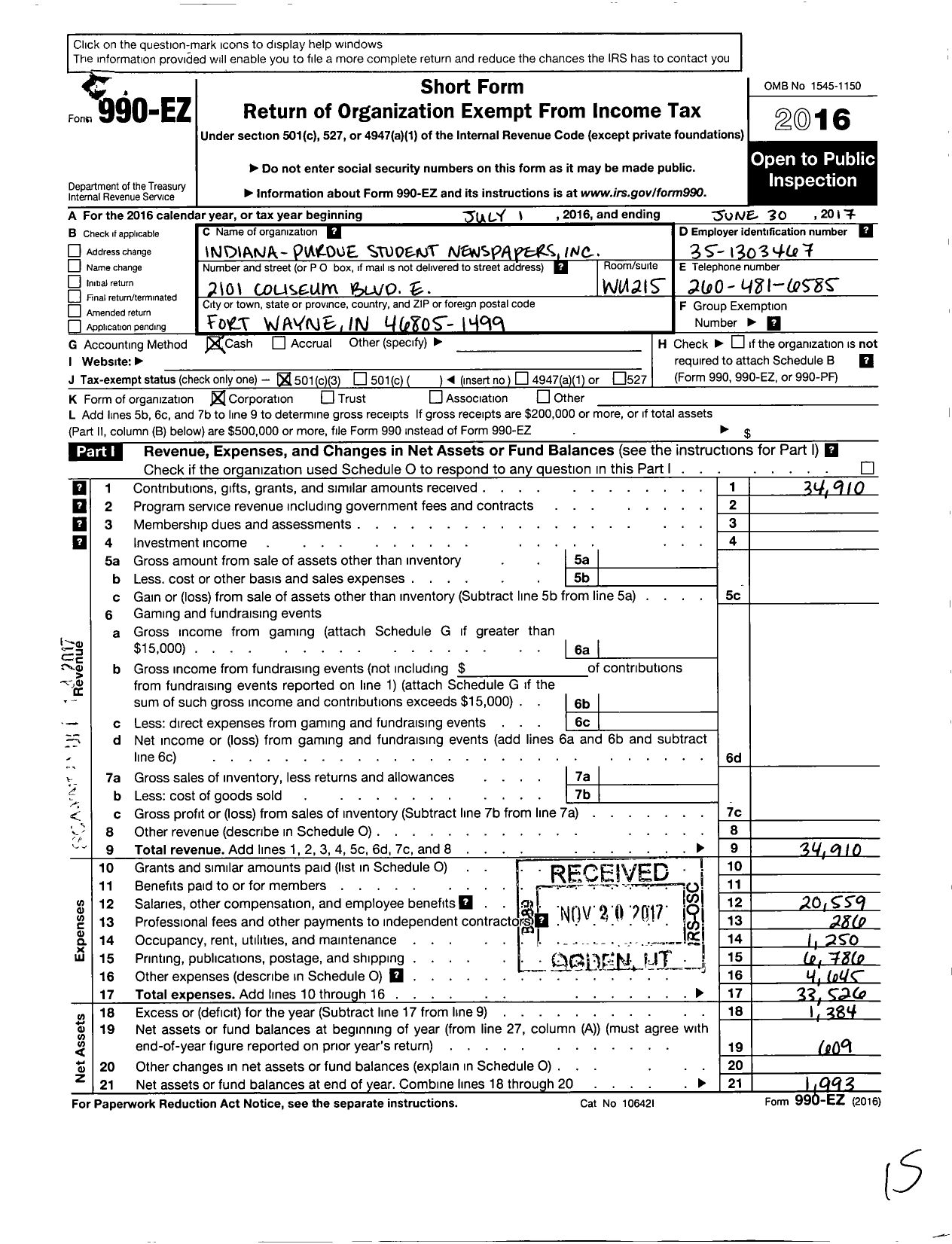 Image of first page of 2016 Form 990EZ for Indiana-Purdue Student Newspapers