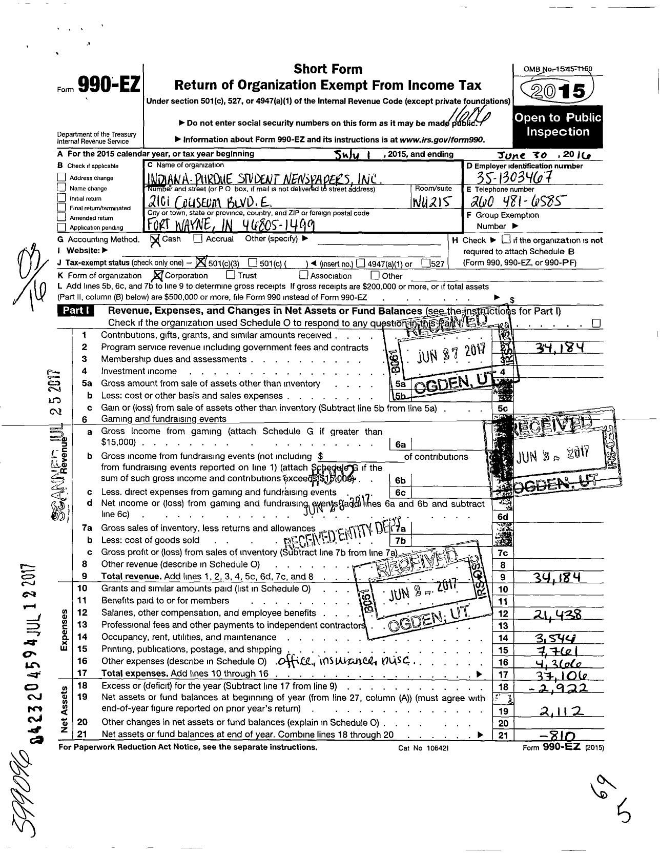 Image of first page of 2015 Form 990EZ for Indiana-Purdue Student Newspapers