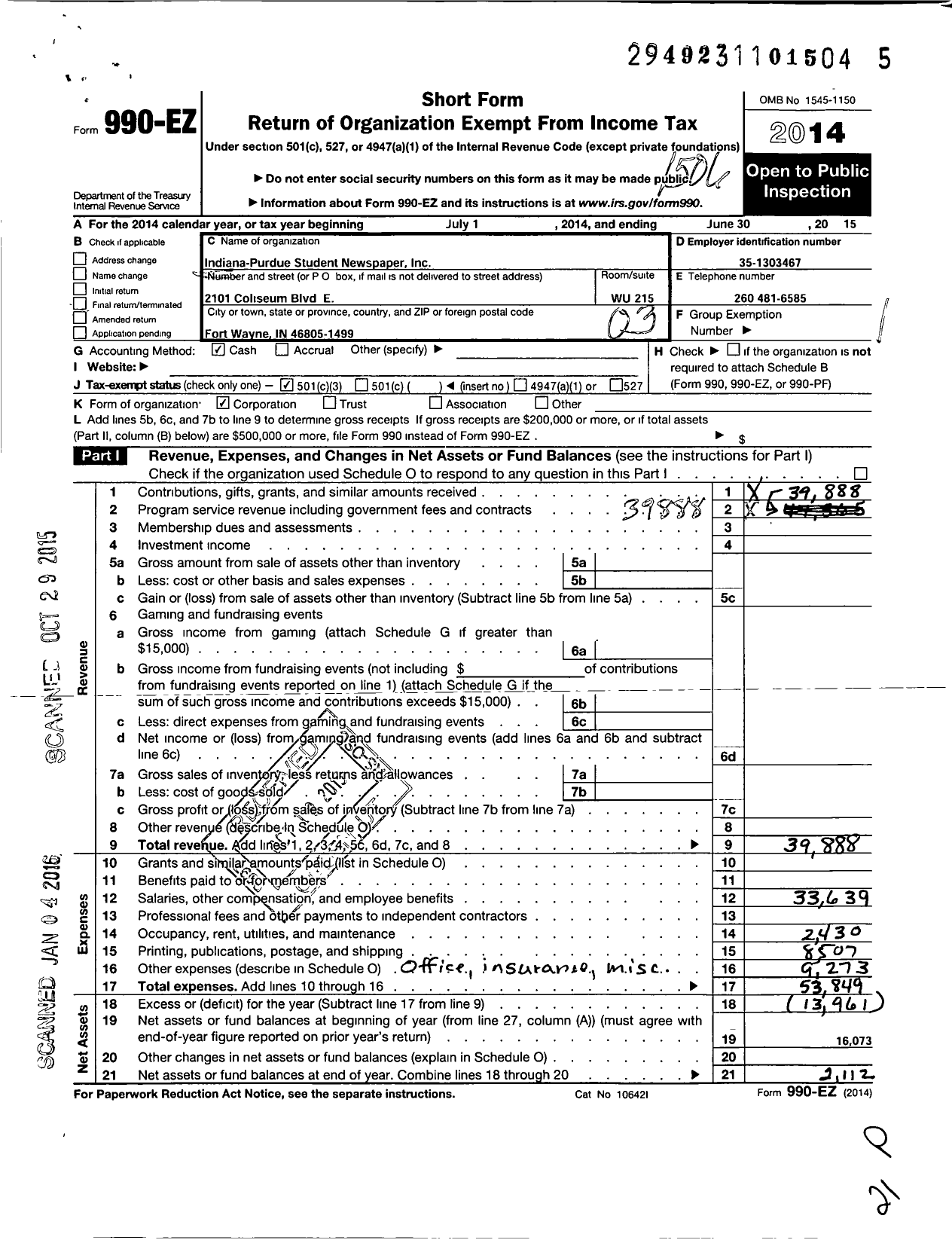 Image of first page of 2014 Form 990EZ for Indiana-Purdue Student Newspapers