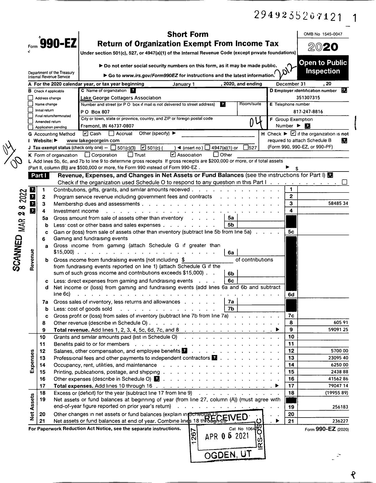 Image of first page of 2020 Form 990EO for Lake George Cottagers Association