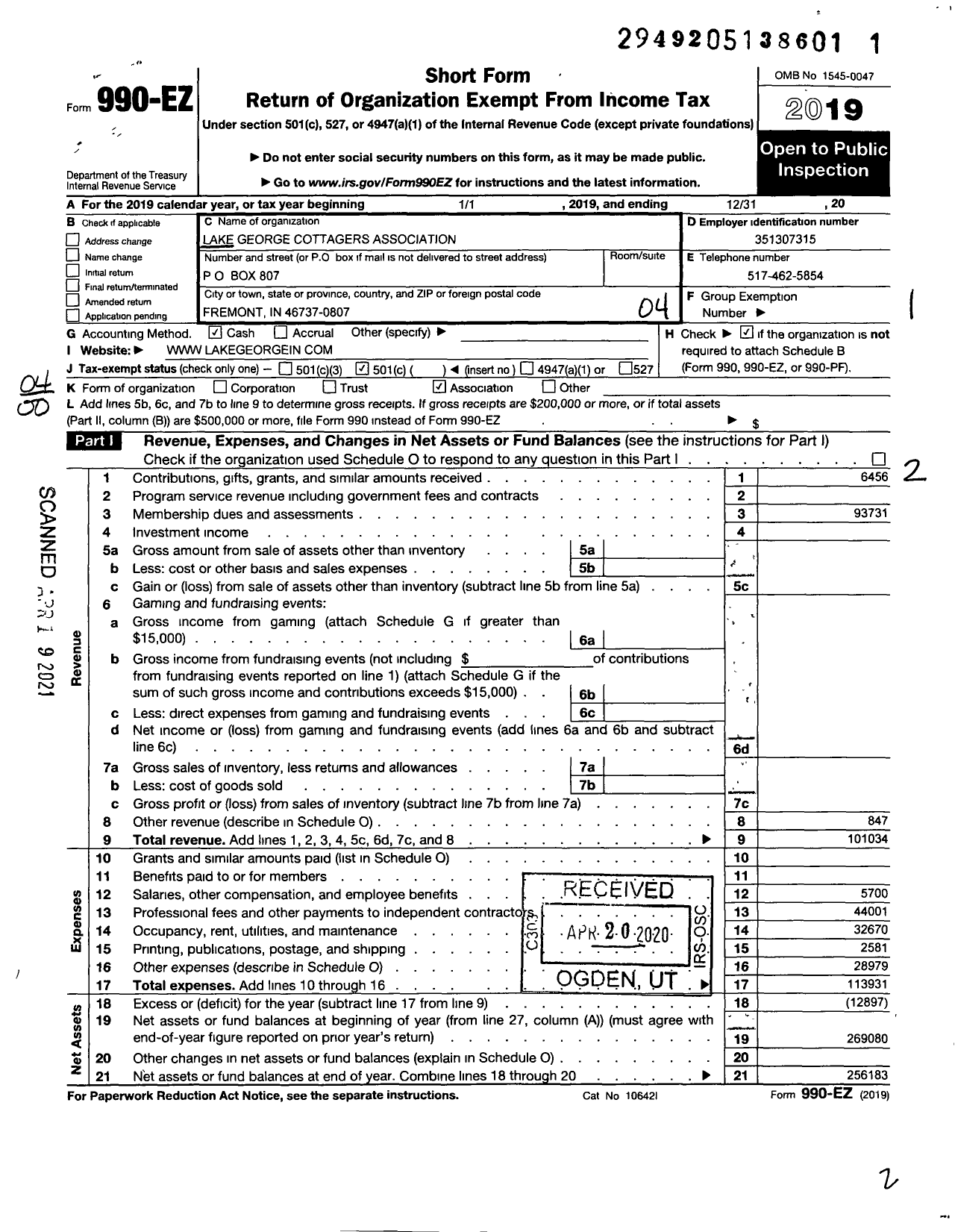 Image of first page of 2019 Form 990EO for Lake George Cottagers Association