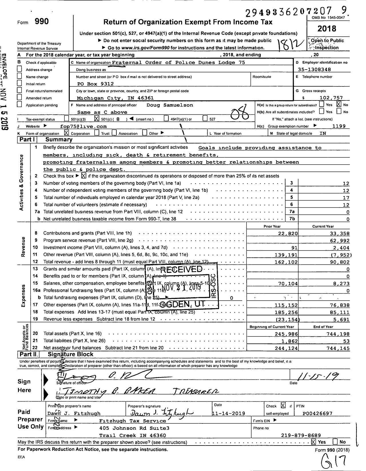 Image of first page of 2018 Form 990O for Fraternal Order of Police Dunes Lodge 75