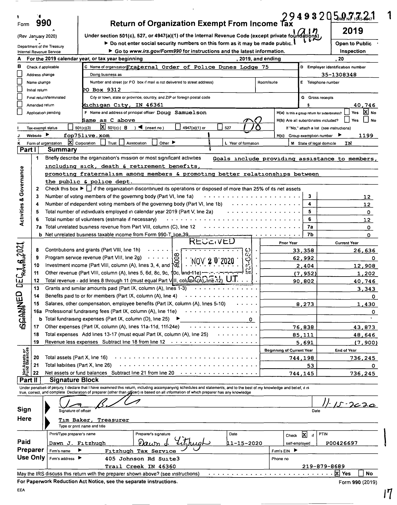 Image of first page of 2019 Form 990O for Fraternal Order of Police Dunes Lodge 75