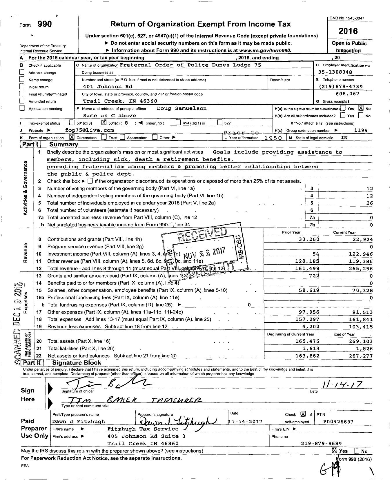 Image of first page of 2016 Form 990O for Fraternal Order of Police Dunes Lodge 75