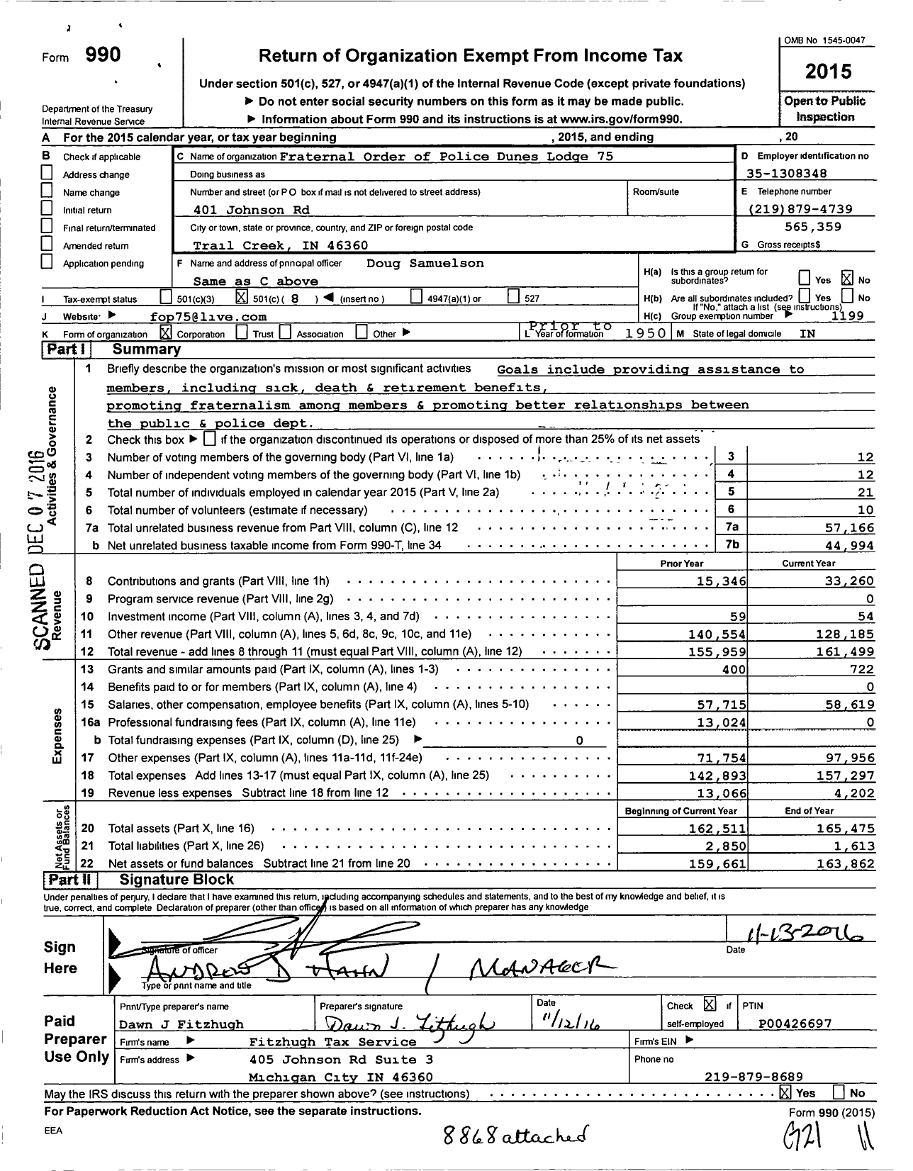 Image of first page of 2015 Form 990O for Fraternal Order of Police Dunes Lodge 75