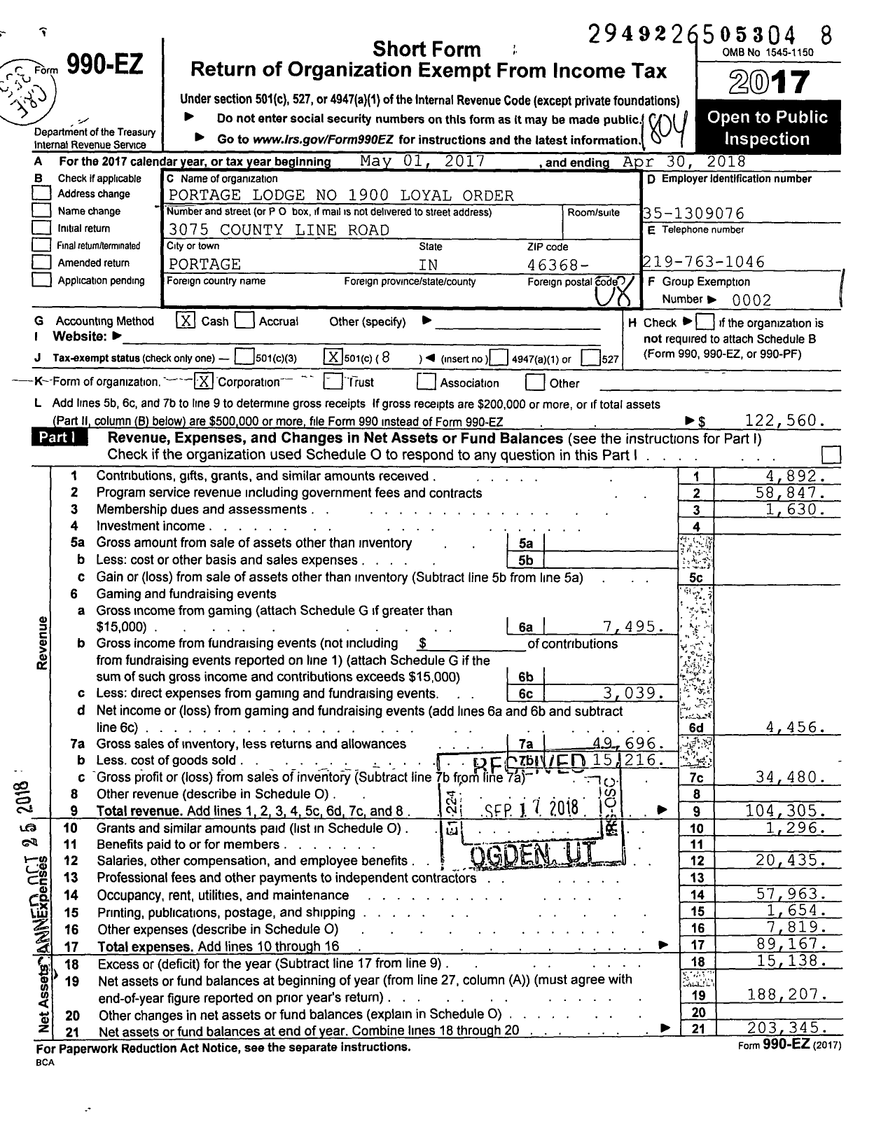 Image of first page of 2017 Form 990EO for Loyal Order of Moose - 1900