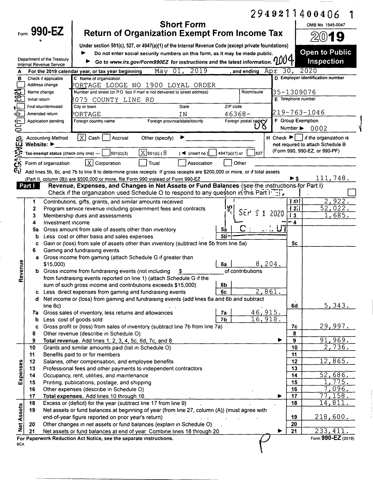 Image of first page of 2019 Form 990EO for Loyal Order of Moose - 1900