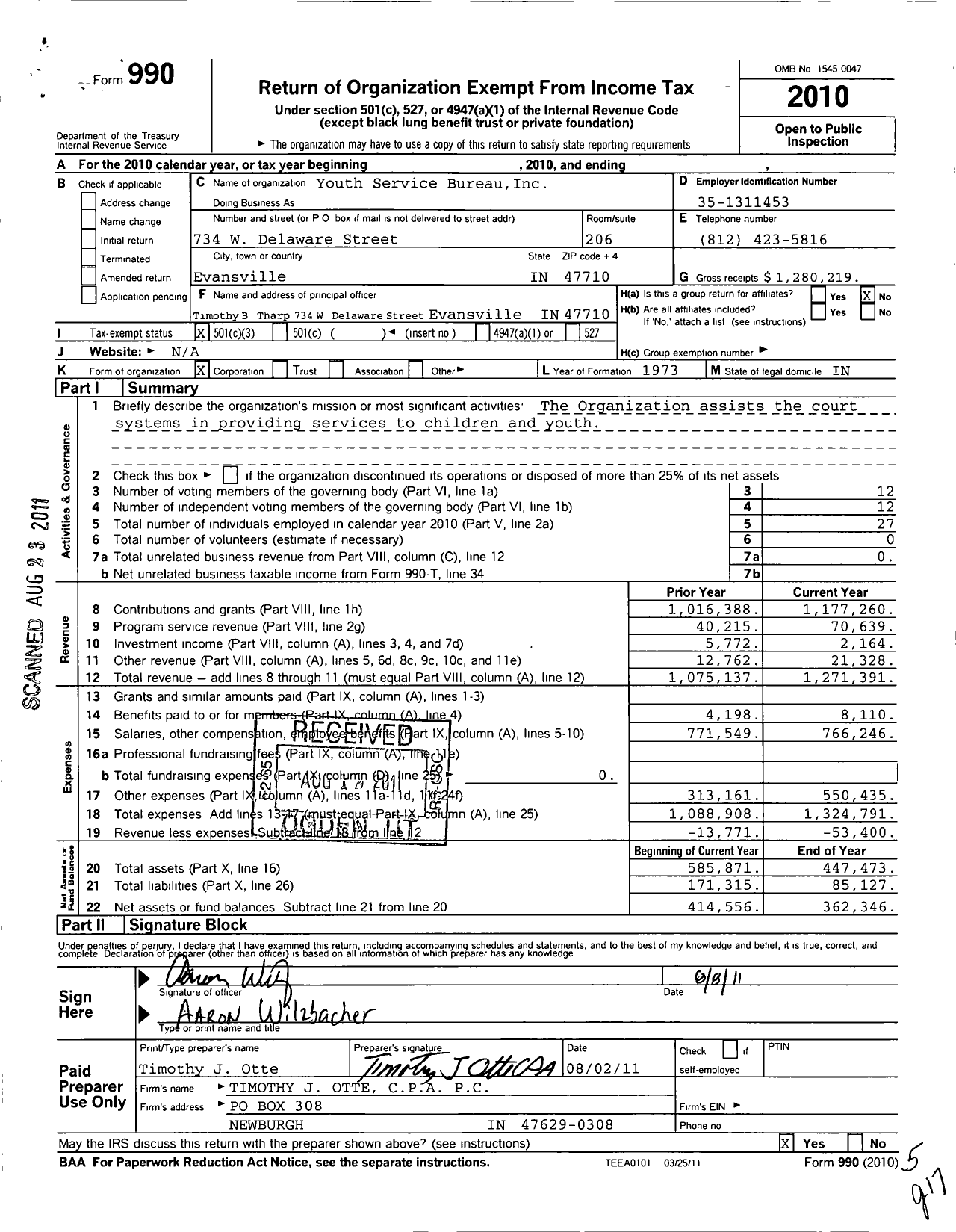 Image of first page of 2010 Form 990 for Youth Service Bureau