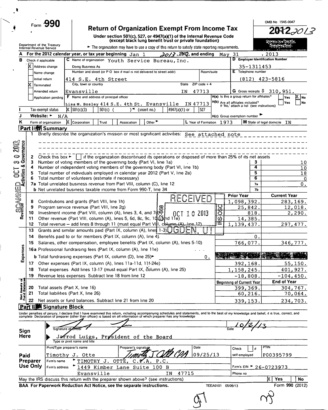 Image of first page of 2012 Form 990 for Youth Service Bureau