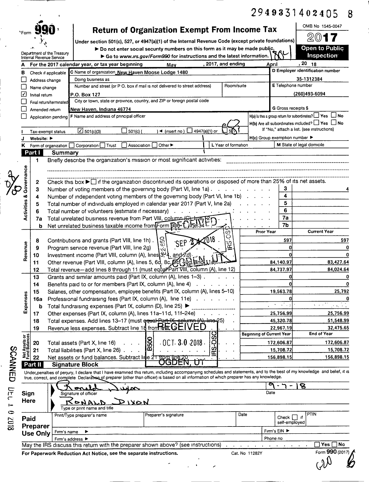 Image of first page of 2017 Form 990O for Loyal Order of Moose - 1480