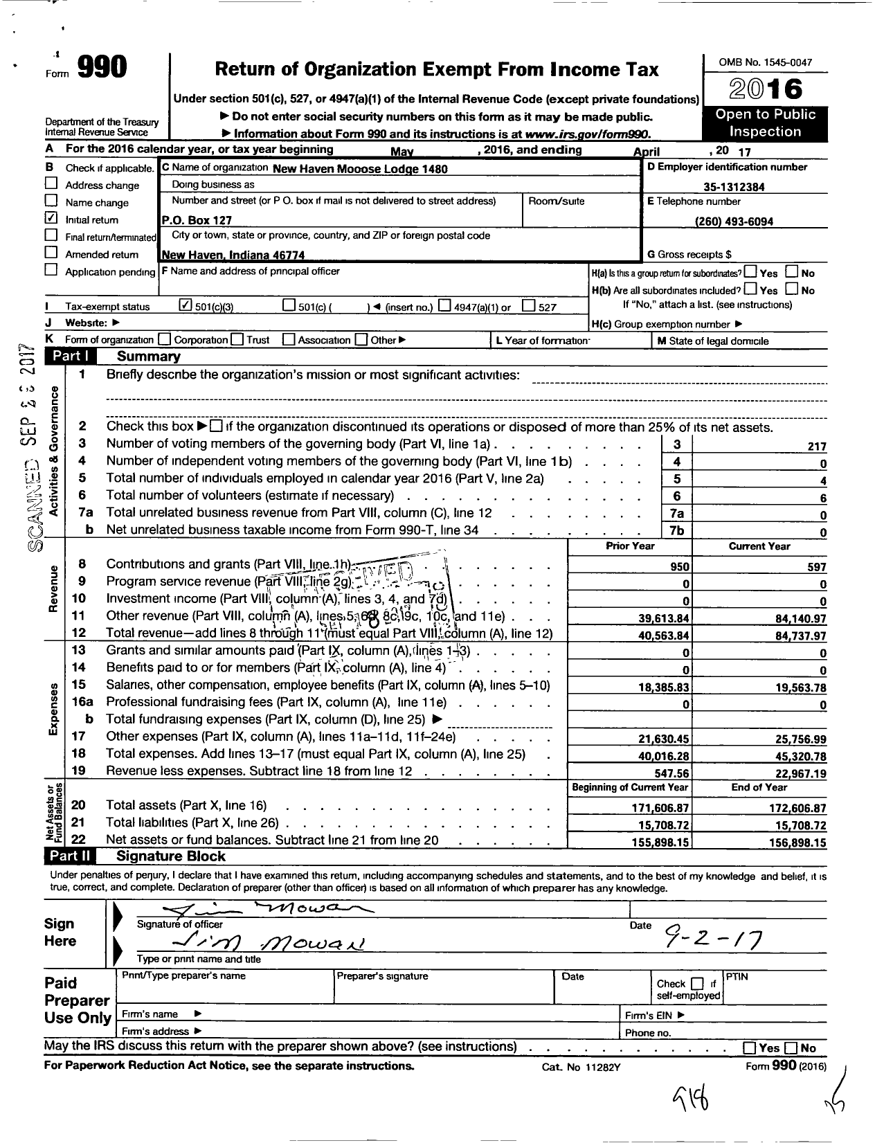 Image of first page of 2016 Form 990 for Loyal Order of Moose - 1480