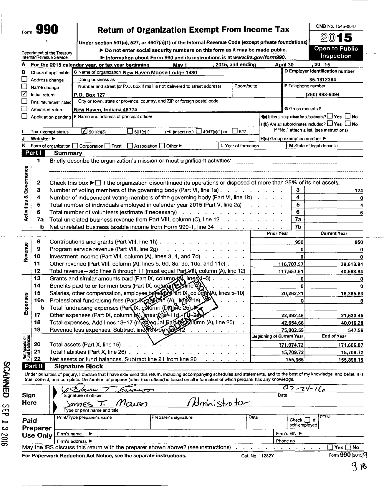 Image of first page of 2014 Form 990 for Loyal Order of Moose - 1480