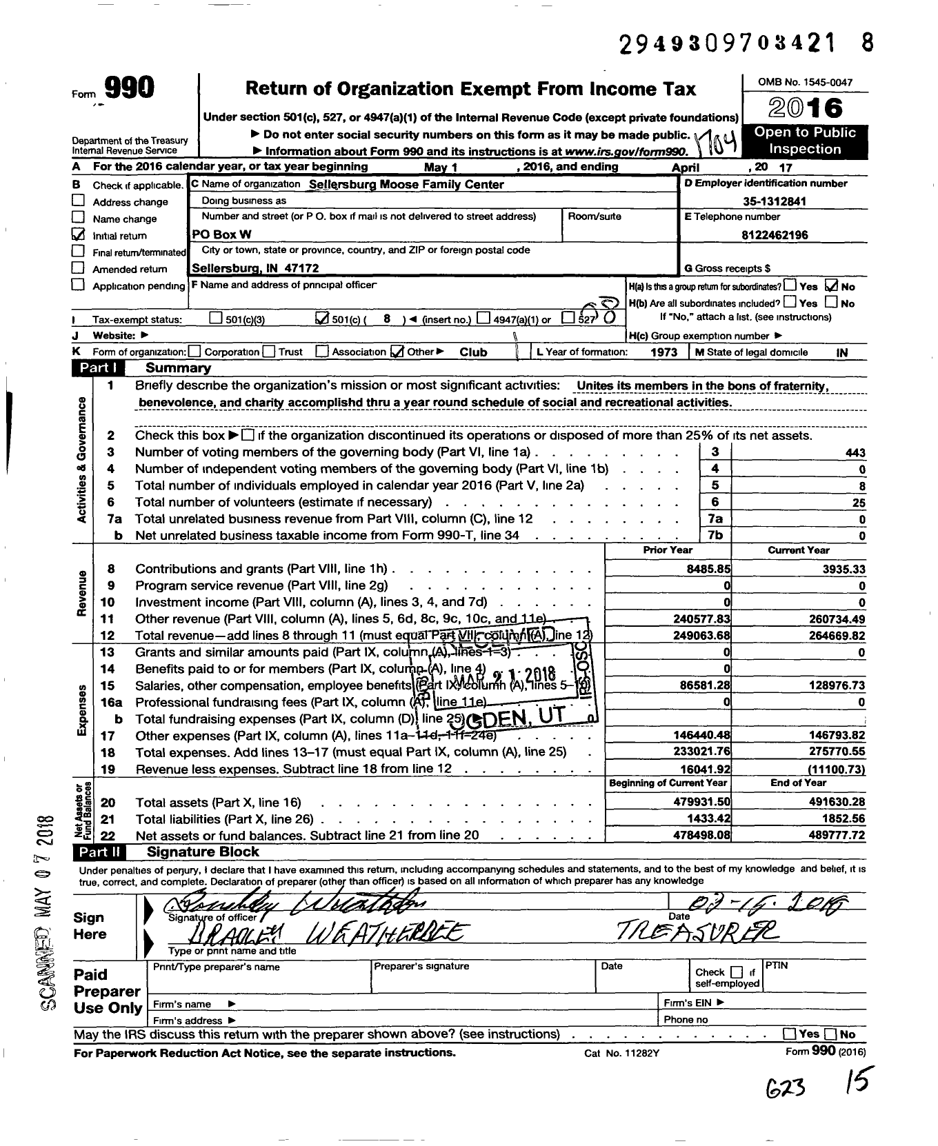 Image of first page of 2016 Form 990O for Loyal Order of Moose - 1757