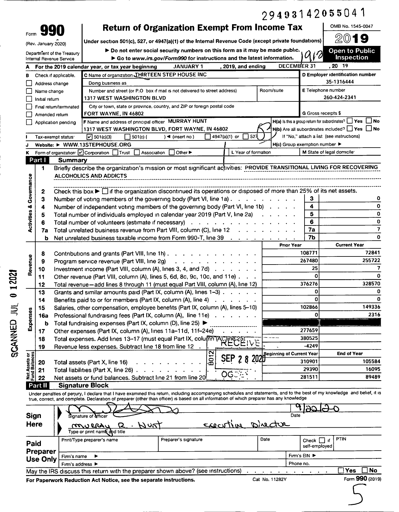 Image of first page of 2019 Form 990 for Thirteen Step House
