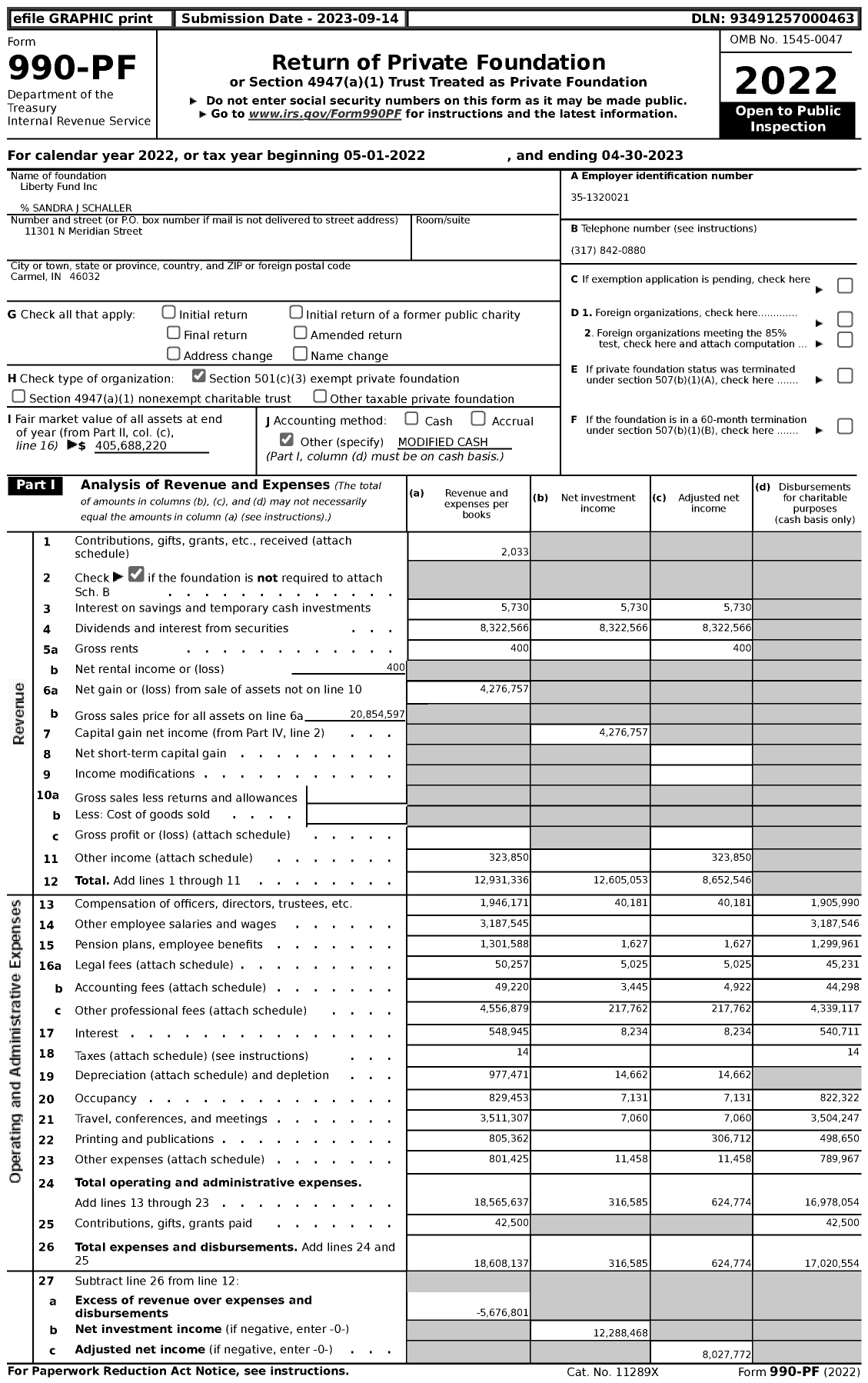 Image of first page of 2022 Form 990PF for Liberty Fund Incorporated