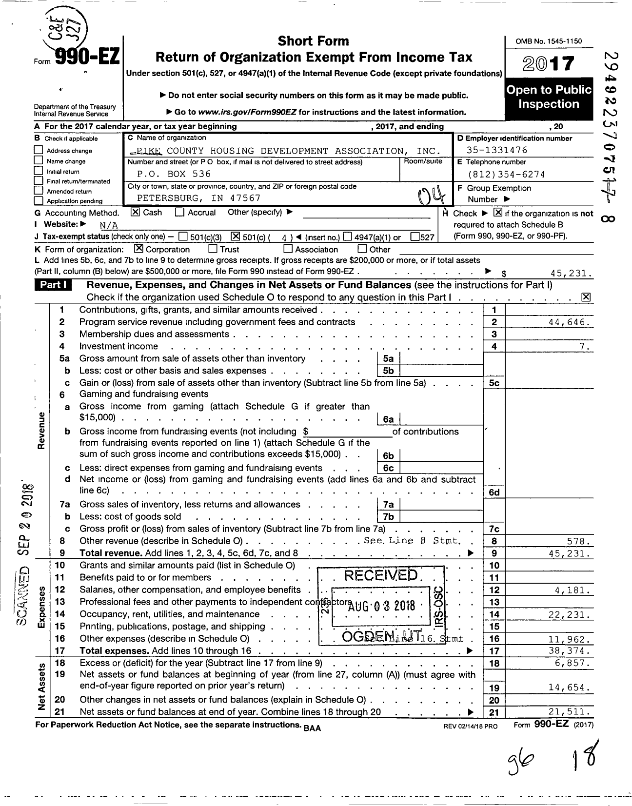 Image of first page of 2017 Form 990EO for Pike County Housing Development Association