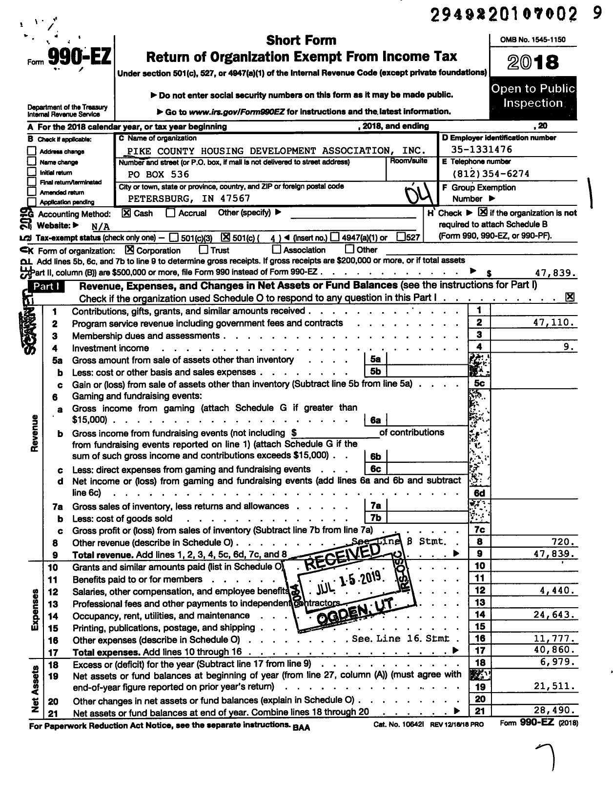 Image of first page of 2018 Form 990EO for Pike County Housing Development Association