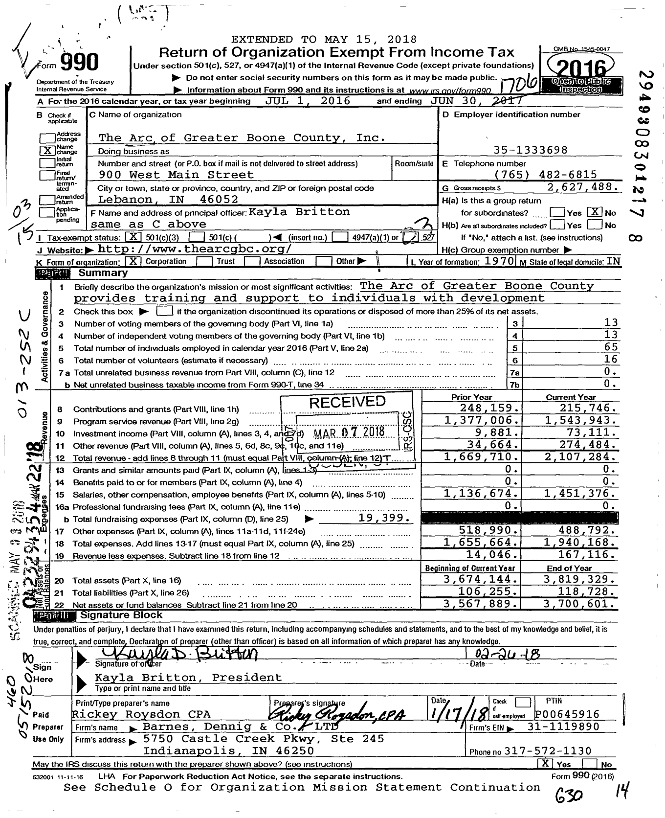 Image of first page of 2016 Form 990 for The Arc of Greater Boone County