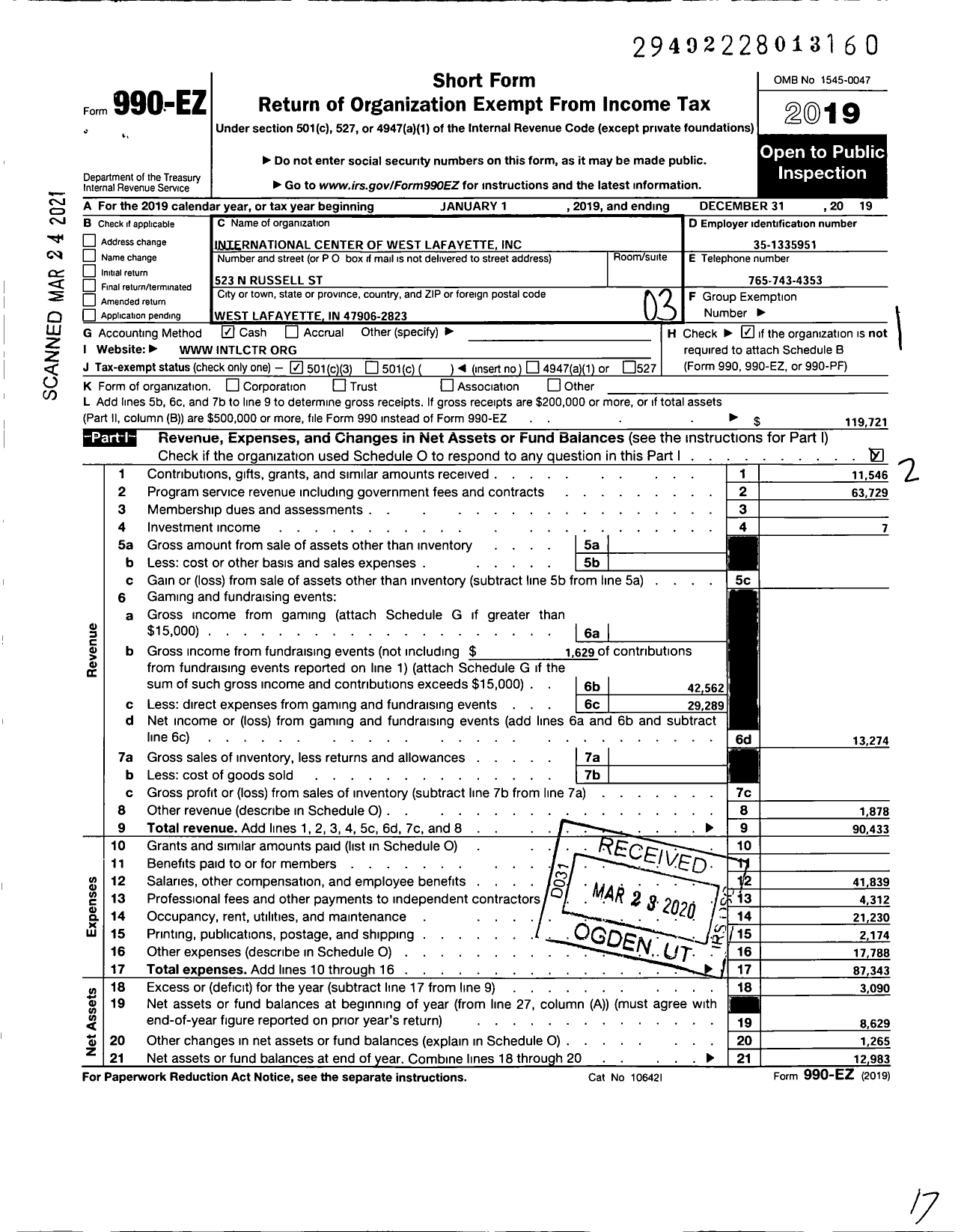 Image of first page of 2019 Form 990EZ for International Center of West Lafayette