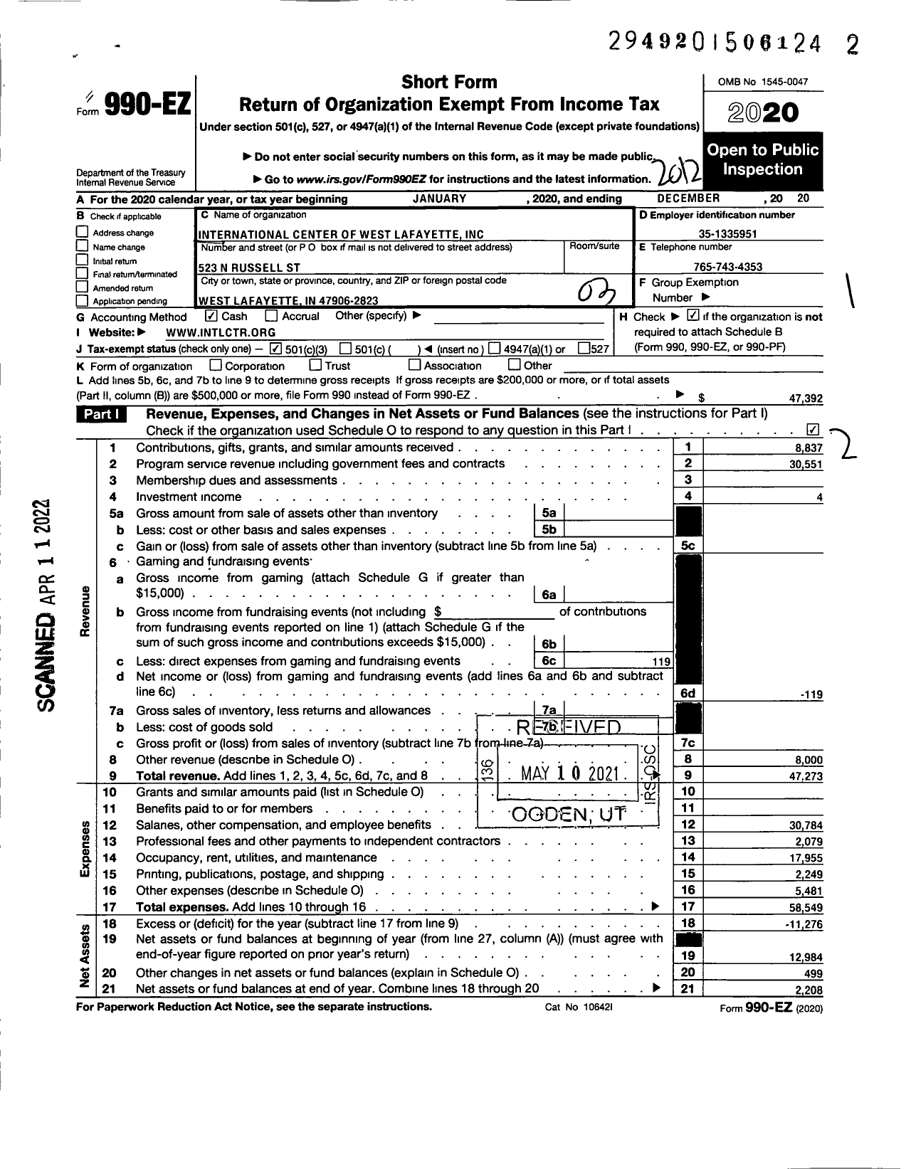 Image of first page of 2020 Form 990EZ for International Center of West Lafayette