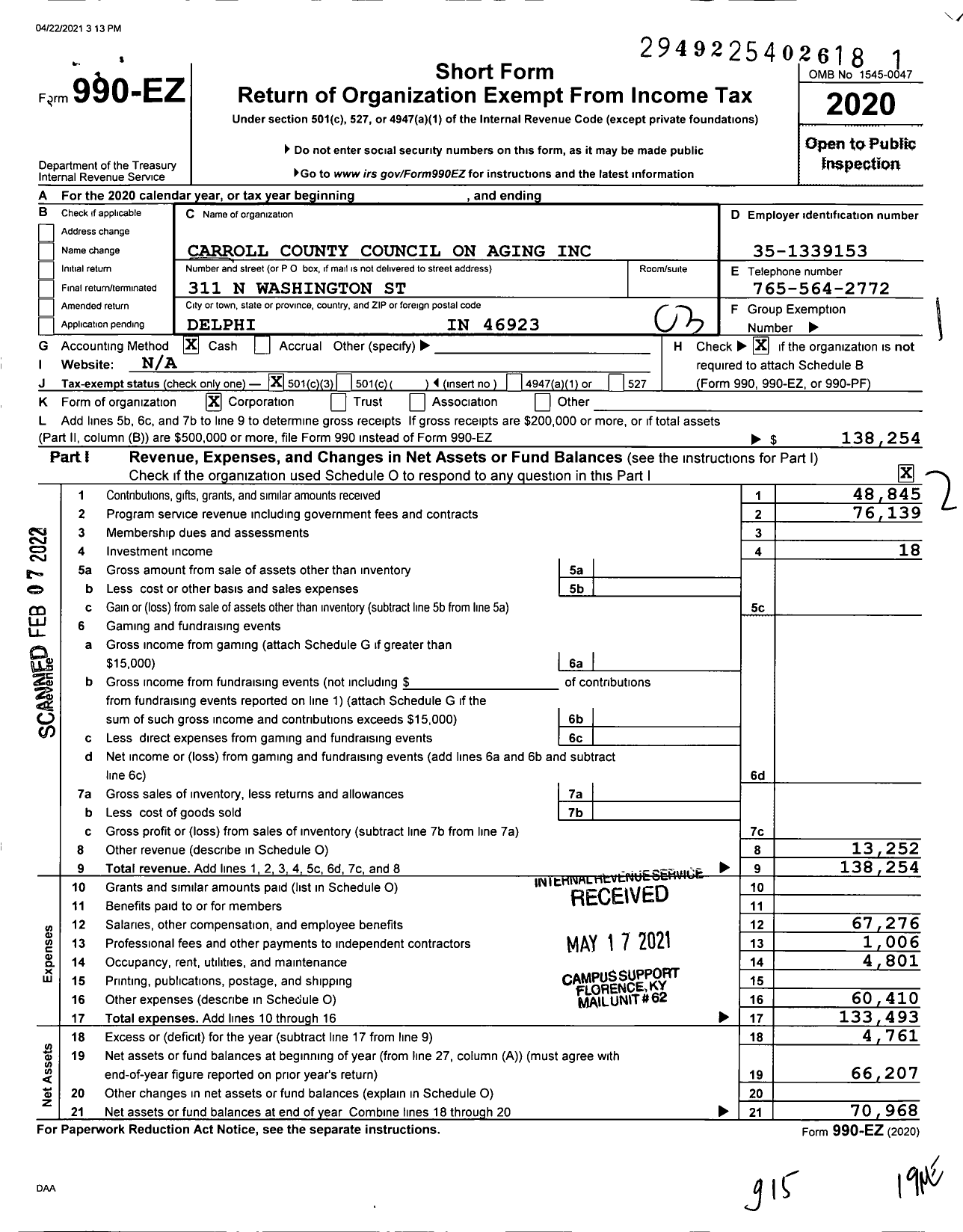 Image of first page of 2020 Form 990EZ for Carroll County Council on Aging