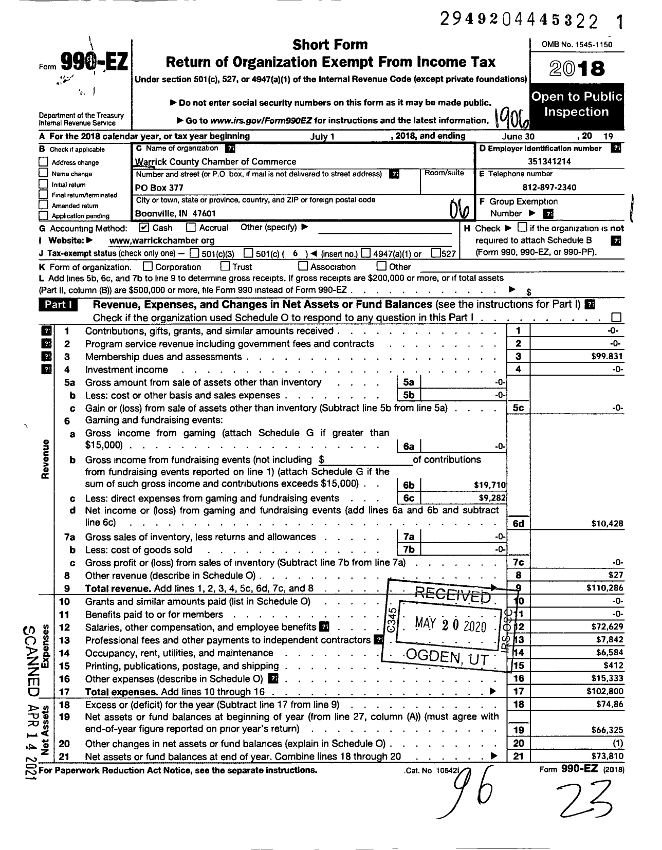 Image of first page of 2018 Form 990EO for Warrick County Chamber of Commerce