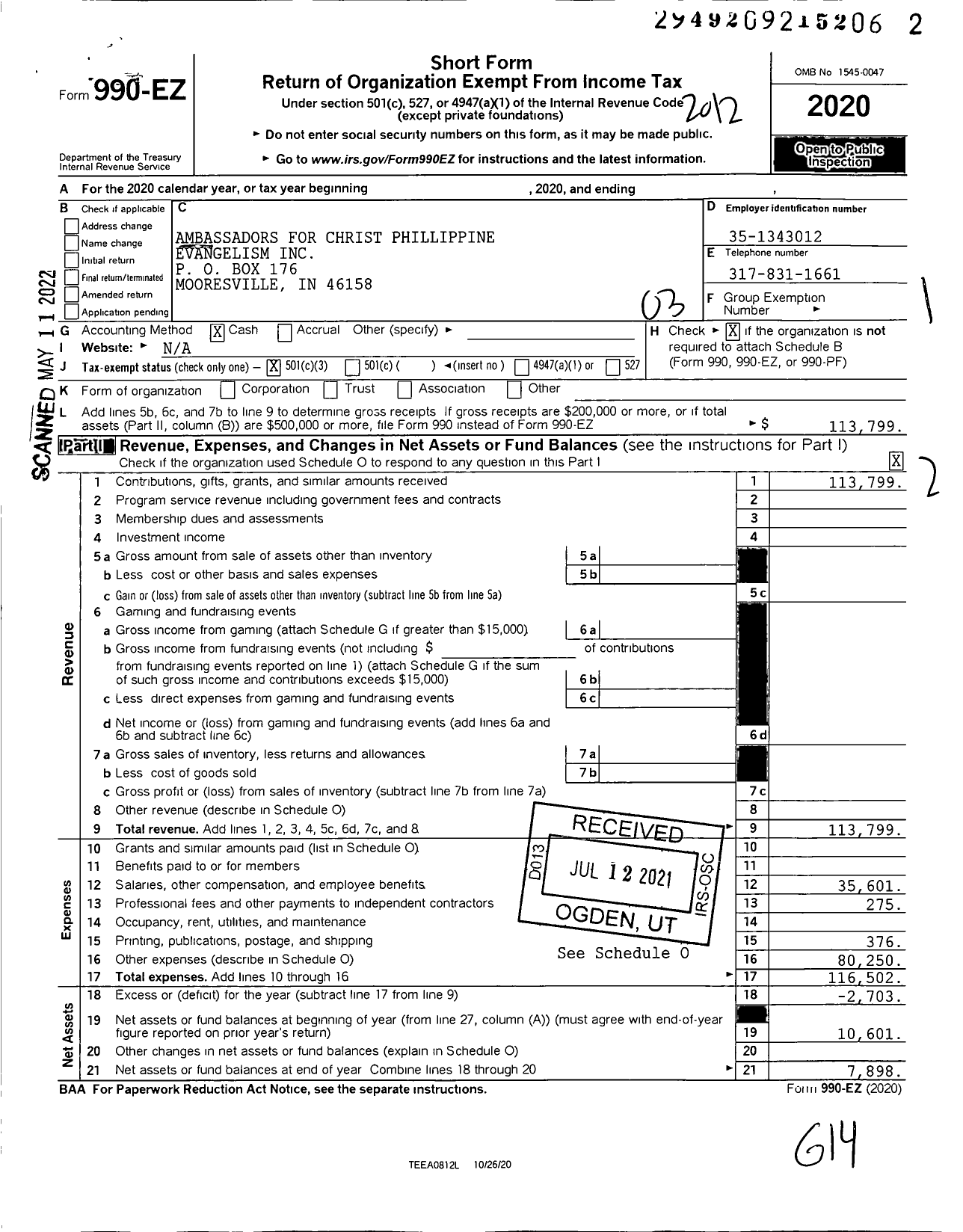 Image of first page of 2020 Form 990EZ for Ambassadors for Christ Phillippine Evangelism