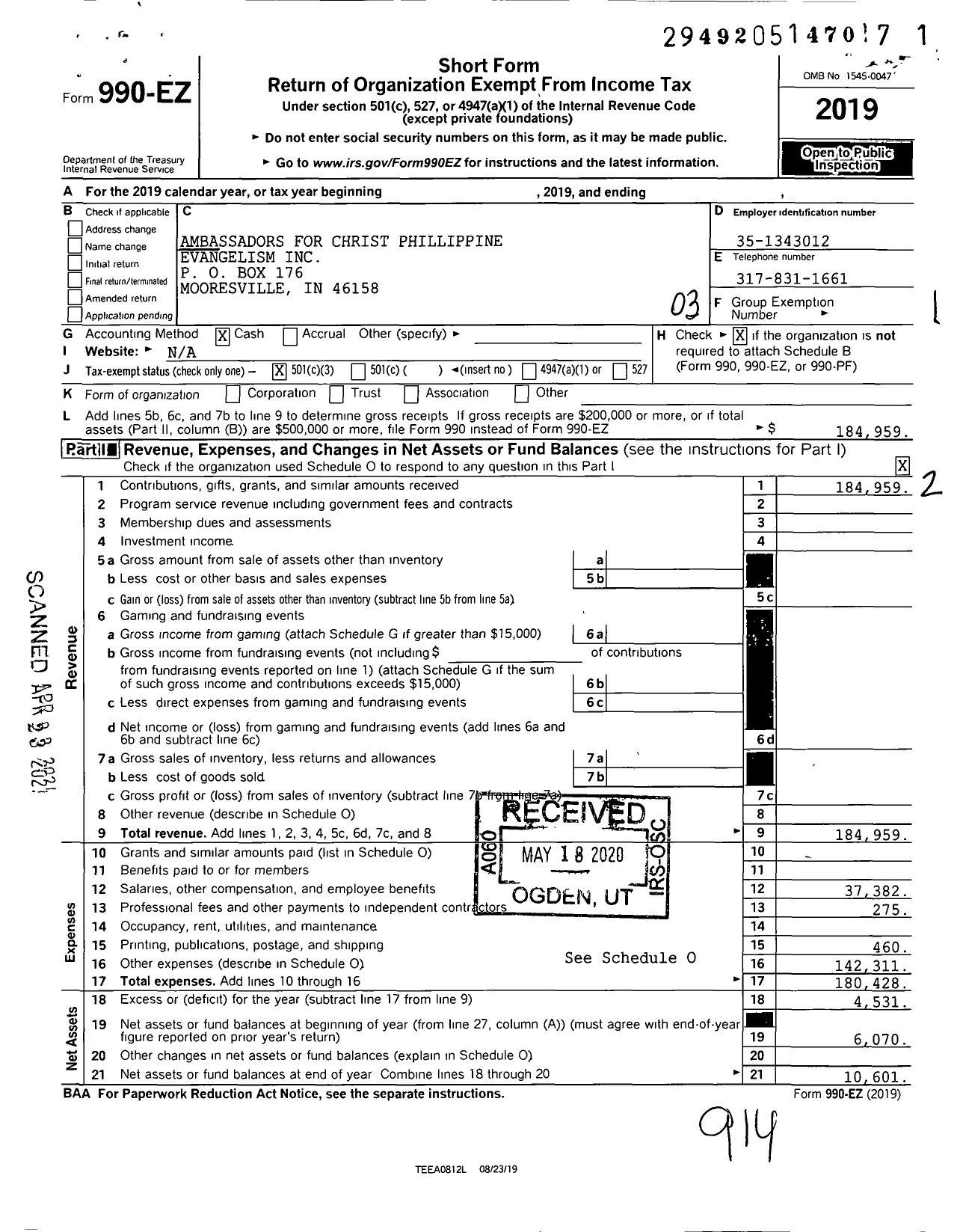 Image of first page of 2019 Form 990EZ for Ambassadors for Christ Phillippine Evangelism