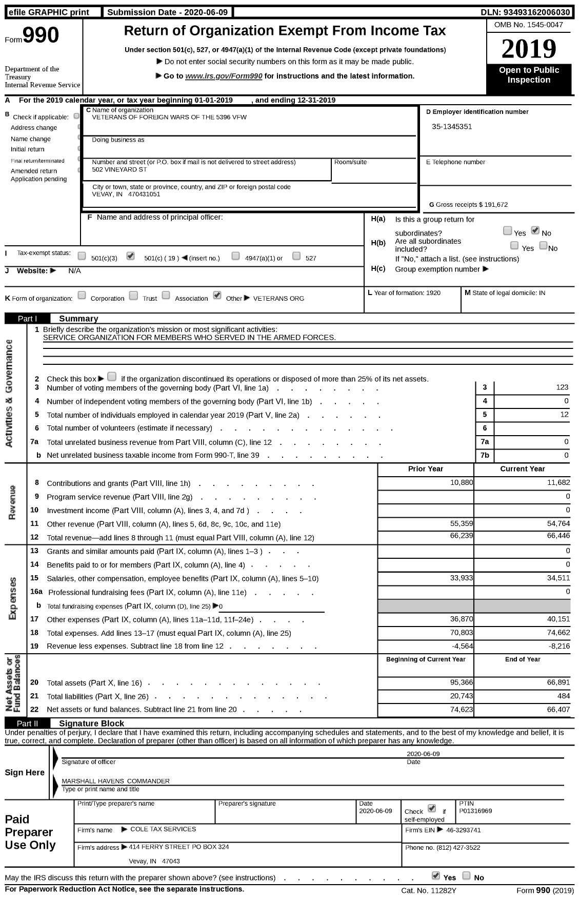 Image of first page of 2019 Form 990 for VFW Department of Indiana - 5396 Vfw-Ind Rosenberger