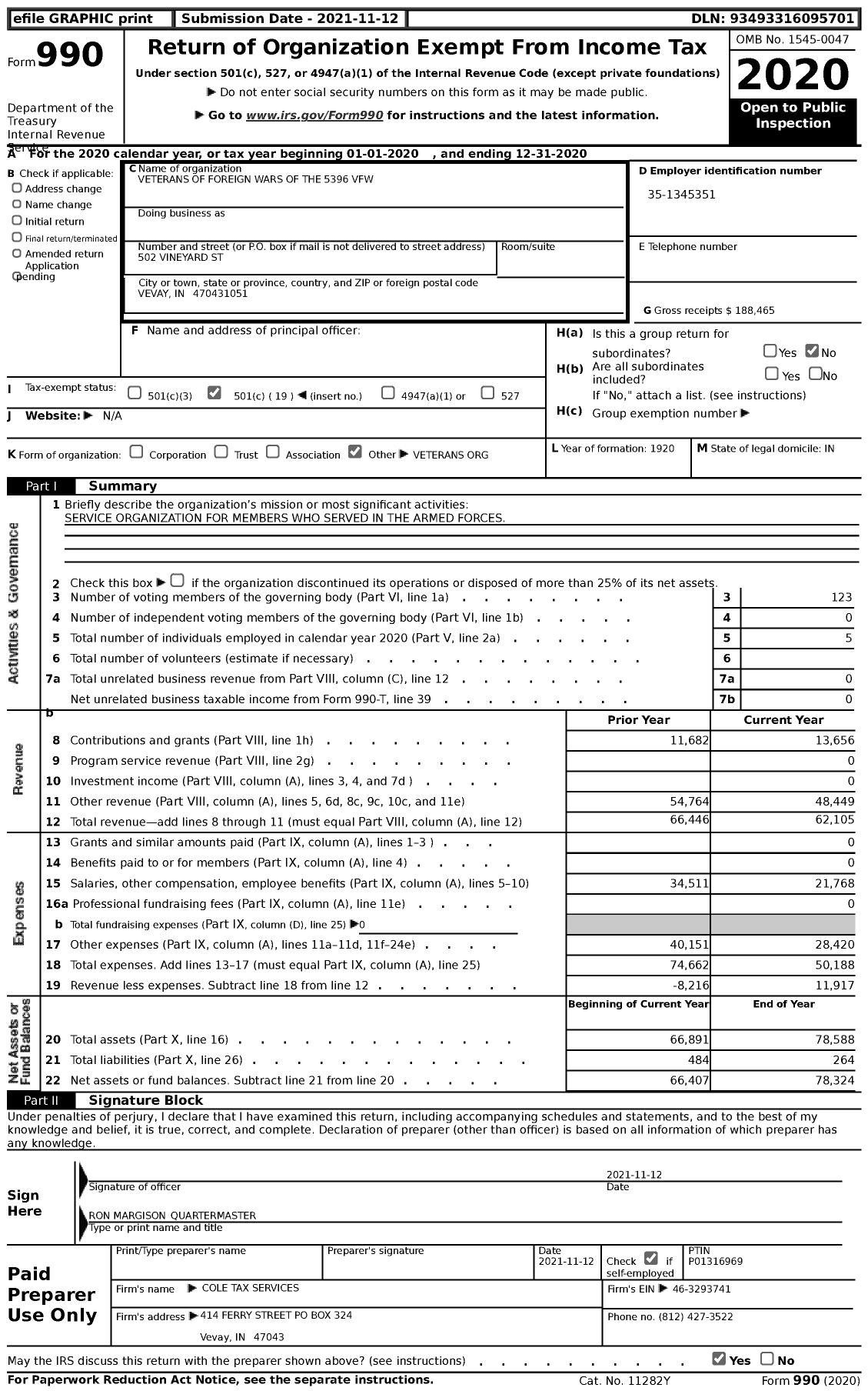 Image of first page of 2020 Form 990 for VFW Department of Indiana - 5396 Vfw-Ind Rosenberger