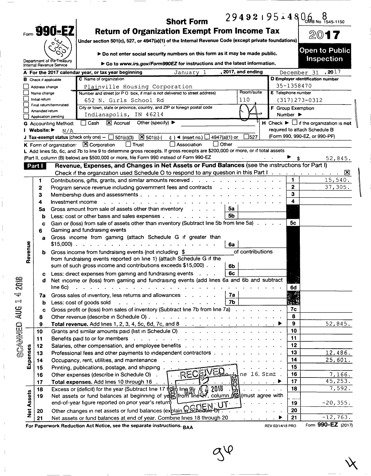 Image of first page of 2017 Form 990EO for Plainville Housing Corporation