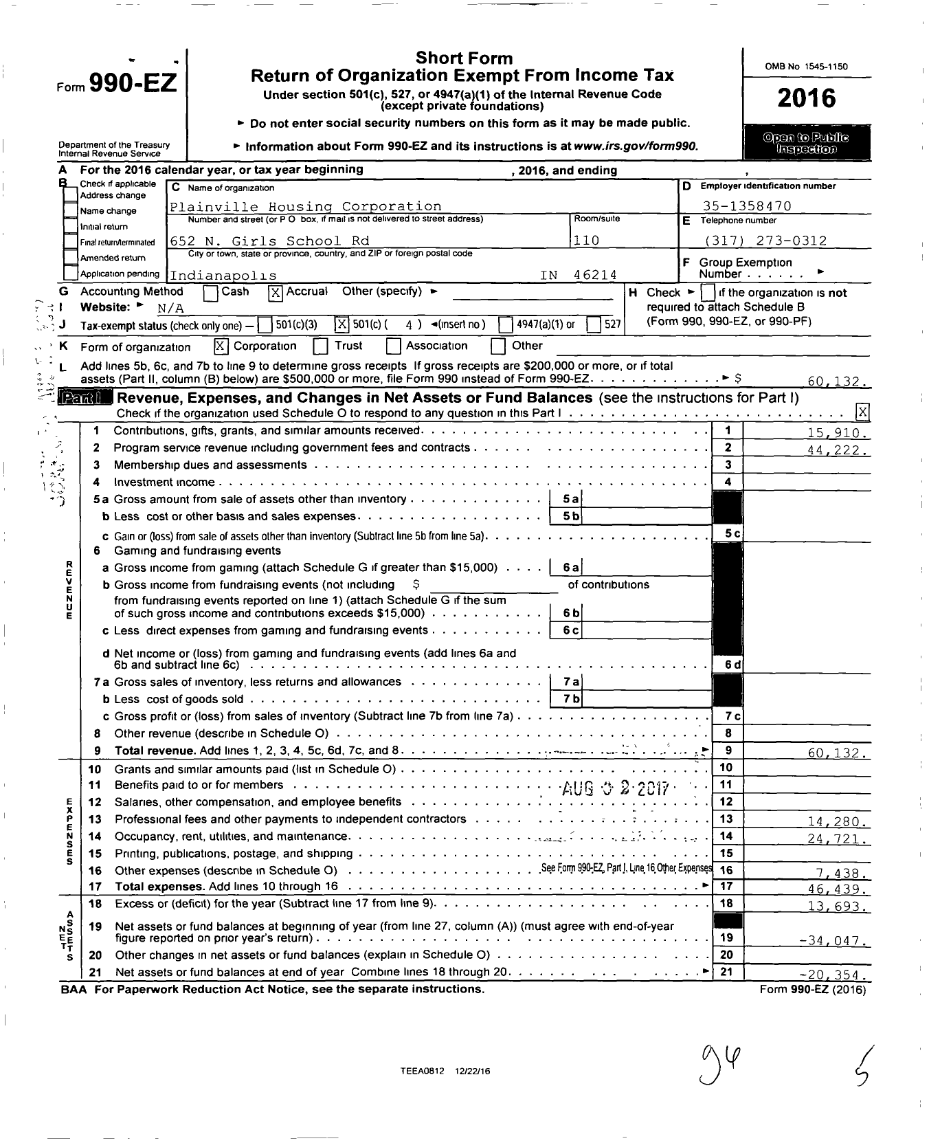 Image of first page of 2016 Form 990EO for Plainville Housing Corporation