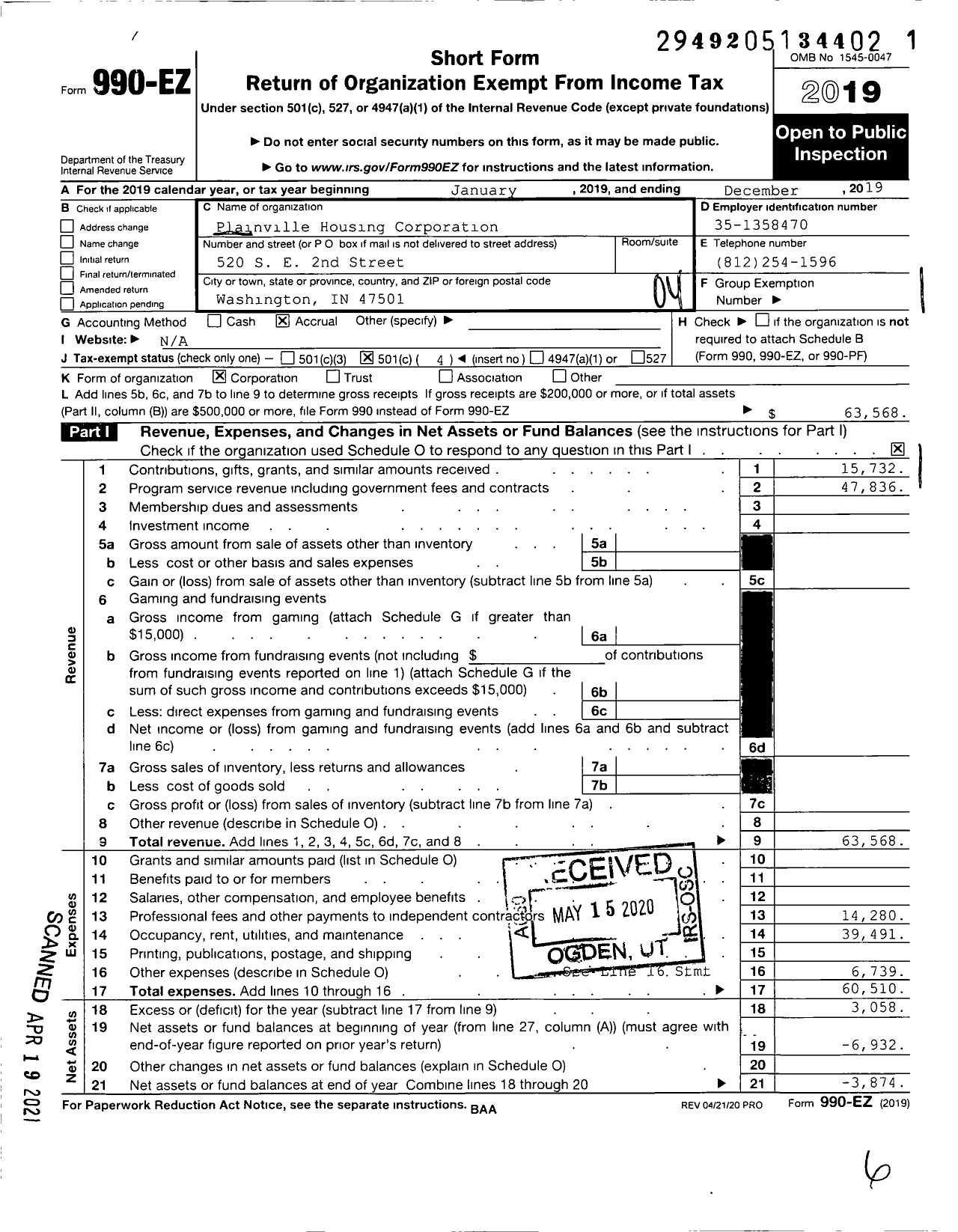 Image of first page of 2019 Form 990EO for Plainville Housing Corporation