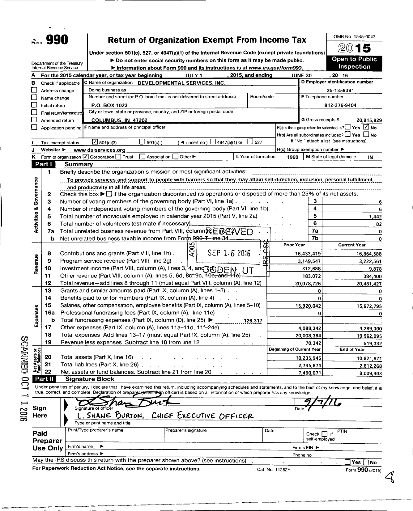 Image of first page of 2015 Form 990 for Developmental Services (DSI)