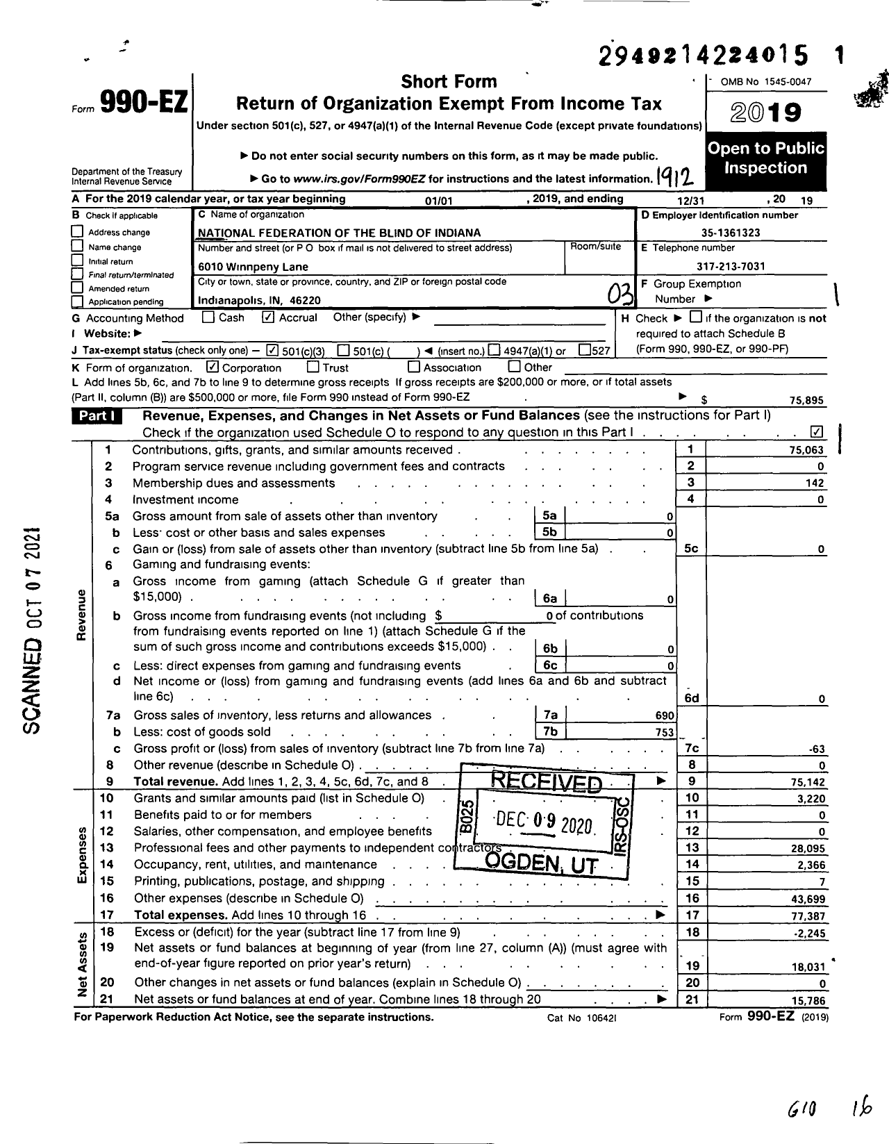 Image of first page of 2019 Form 990EZ for National Federation of the Blind of Indiana