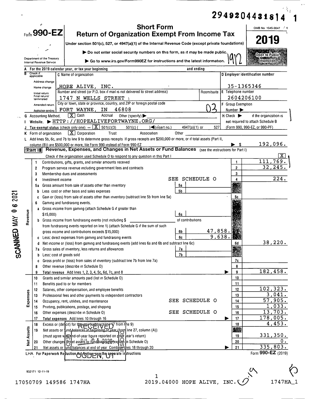 Image of first page of 2019 Form 990EZ for Hope Alive