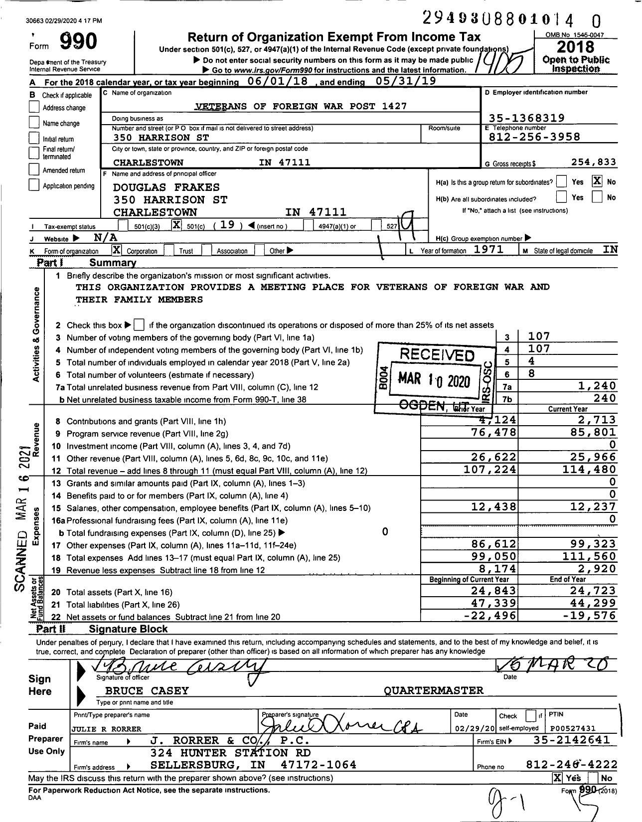 Image of first page of 2018 Form 990O for VFW Department of Indiana - 1427 Goodwin-Carr Post