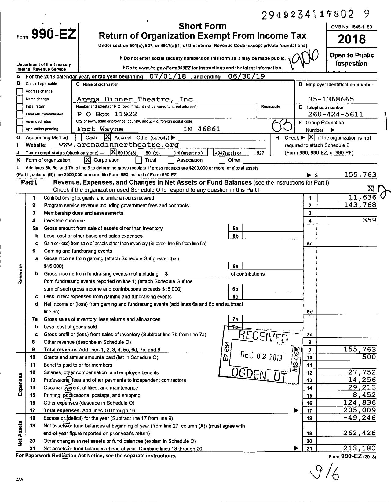 Image of first page of 2018 Form 990EZ for Arena Dinner Theatre