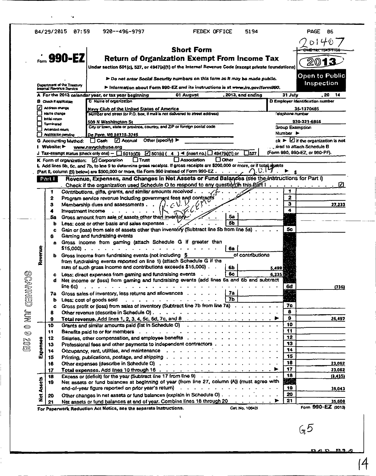 Image of first page of 2013 Form 990EO for Navy Club of the United States of America