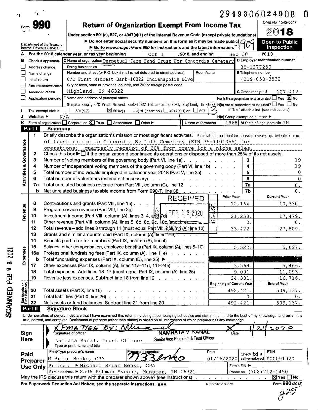 Image of first page of 2018 Form 990O for Perpetual Care Fund Trust for Concordia