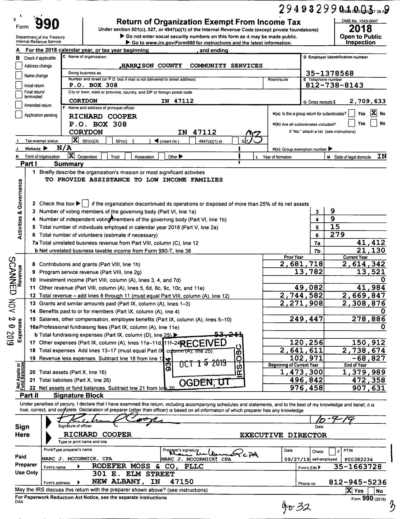 Image of first page of 2018 Form 990 for Harrison County Community Services